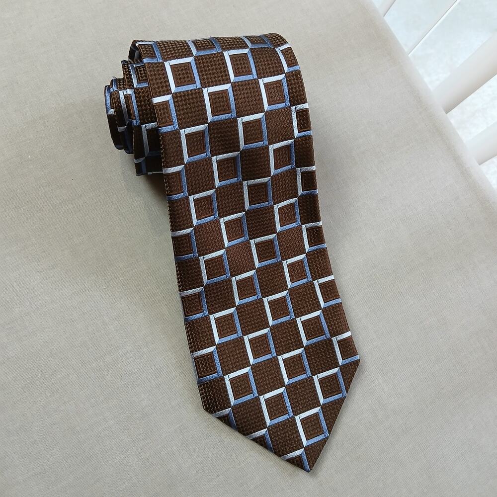Faconnable Brown Jacquard Blue Square Checks Necktie vintage Y2K designer woven